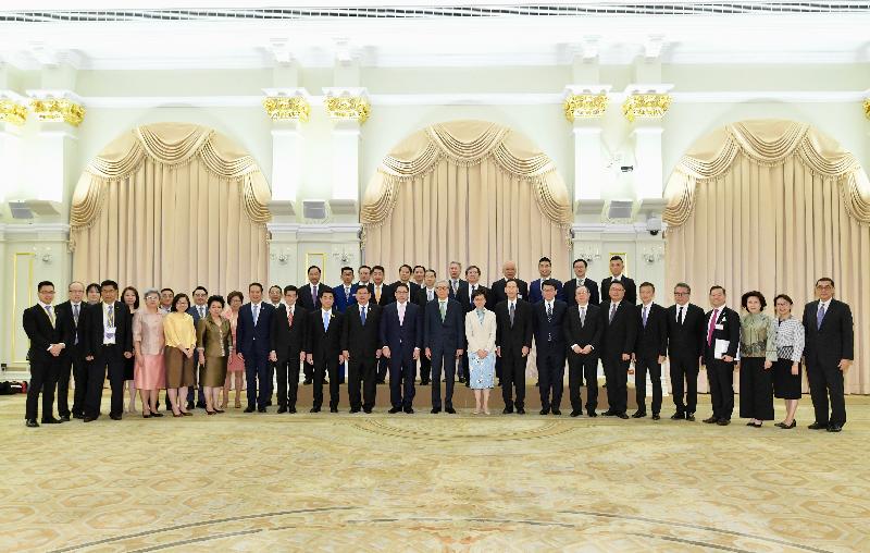 The Chief Executive, Mrs Carrie Lam, attended a memorandum of understanding (MoU) signing ceremony in Bangkok, Thailand, today (November 29‬). Photo shows (front row, from 12th right) the Deputy Prime Minister of Thailand, Dr Somkid Jatusripitak; Mrs Lam; the Convenor of the Non-official Members of the Executive Council, Mr Bernard Chan; the Secretary for Commerce and Economic Development, Mr Edward Yau; the Chairman of the Hong Kong Trade Development Council, Dr Peter Lam; and other guests after signing the MoU on strengthening economic relations.