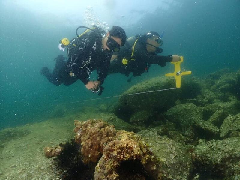 渔农自然护理署今日（十二月七日）公布，本年的香港珊瑚礁普查结果显示整体珊瑚生长健康稳定，品种多样性维持于高水平。图示两名珊瑚礁普查员放置样线。