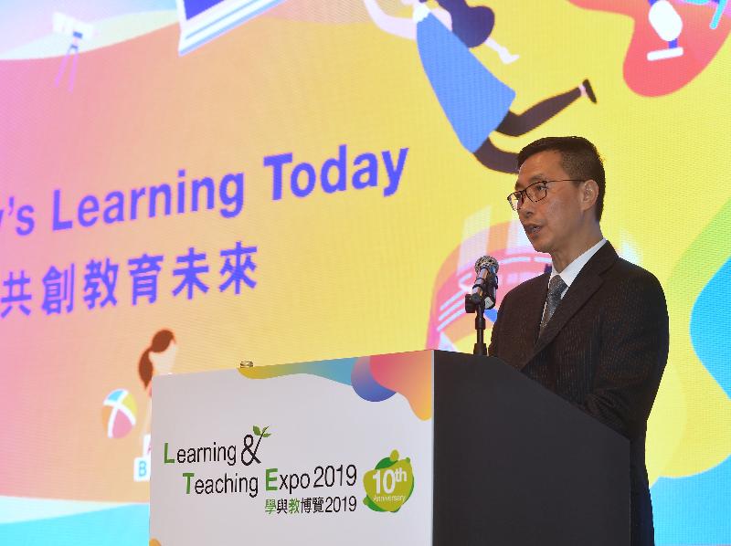 The Secretary for Education, Mr Kevin Yeung, speaks at the opening ceremony of the Learning and Teaching Expo 2019 today (December 11).