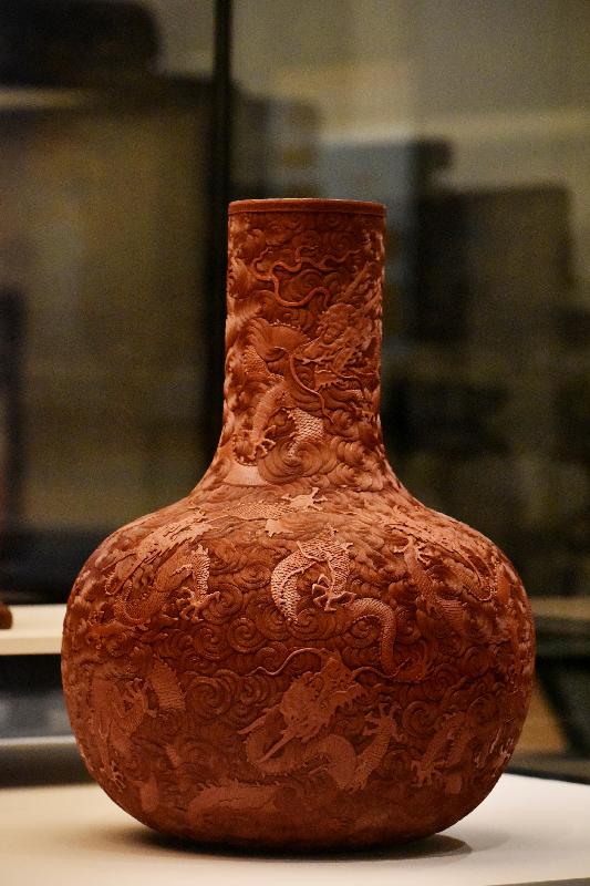 The exhibition "Unlocking the Secrets - The Science of Conservation at The Palace Museum" is being held at the Hong Kong Science Museum from December 14 until March 18, 2020. Picture shows a carved red lacquer globular vase, which is in the collection of the Palace Museum.