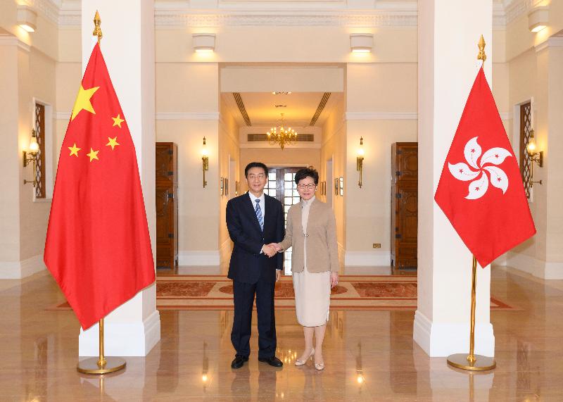 The Chief Executive, Mrs Carrie Lam (right), meets the new Director of the Liaison Office of the Central People's Government in the Hong Kong Special Administrative Region, Mr Luo Huining (left), at Government House today (January 9).