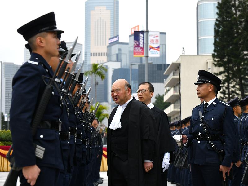 The Chief Justice of the Court of Final Appeal, Mr Geoffrey Ma Tao-li, inspects the guard of honour mounted by the Hong Kong Police Force at Edinburgh Place during the Ceremonial Opening of the Legal Year 2020 today (January 13).