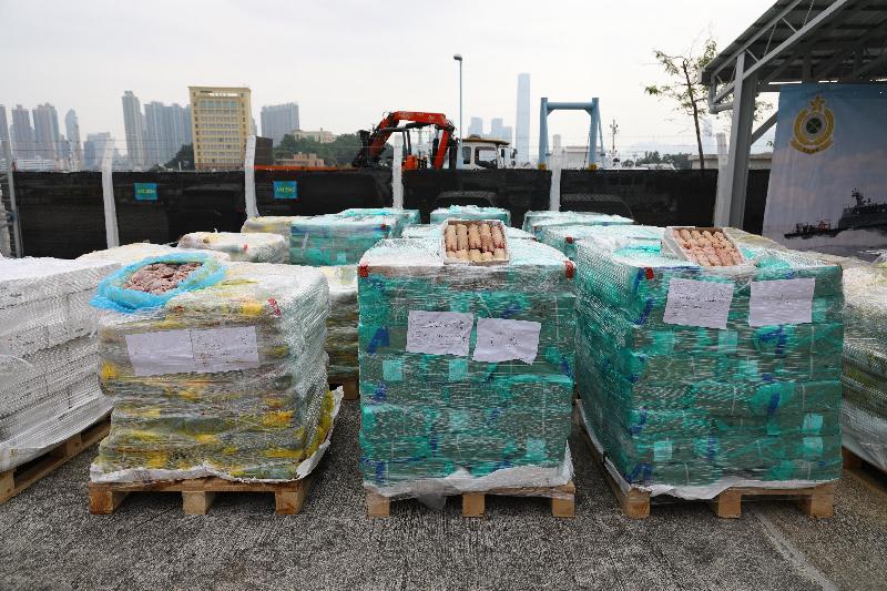 香港海关一月十七日进行反走私行动，在龙鼓洲对开海面侦破一宗涉嫌利用渔船、趸船及拖船走私的案件，检获约十四万六千公斤怀疑走私冻肉，估计市值约五百一十万元。图示部分检获的怀疑走私冻肉。