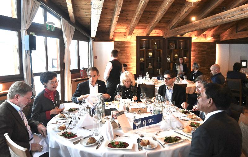 The Chief Executive, Mrs Carrie Lam, attended the World Economic Forum Annual Meeting in Davos, Switzerland, today (January 21, Davos time). Photo shows Mrs Lam (second left) at a discussion session on expanding Asia's technology leadership.
