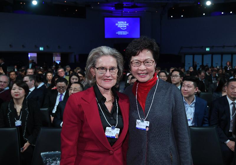 The Chief Executive, Mrs Carrie Lam, attended the World Economic Forum Annual Meeting in Davos, Switzerland, today (January 21, Davos time). Mrs Lam (right)  is pictured with the Chairperson and Co-Founder of the Schwab Foundation for Social Entrepreneurship, Mrs Hilde Schwab (left).