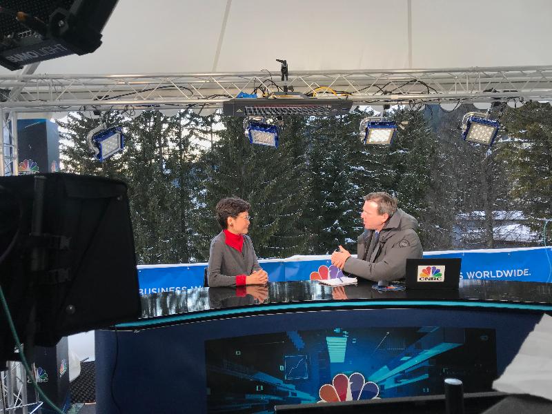 The Chief Executive, Mrs Carrie Lam, attended the World Economic Forum Annual Meeting in Davos, Switzerland, today (January 21, Davos time). Photo shows Mrs Lam (left) being interviewed by international media.