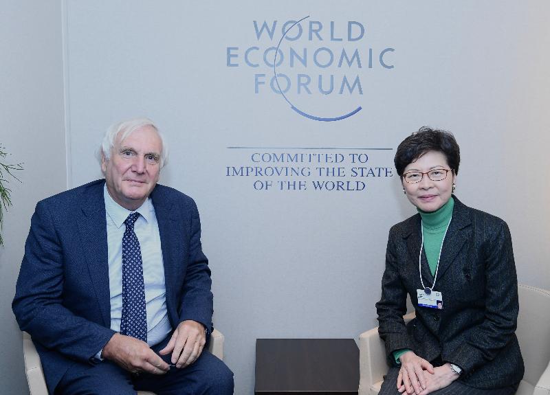 The Chief Executive, Mrs Carrie Lam, attended the World Economic Forum Annual Meeting in Davos, Switzerland, today (January 22, Davos time). Photo shows Mrs Lam (right) meeting with the Chief Strategic Advisor of the Prime Minister of the United Kingdom, Sir Edward Lister (left).