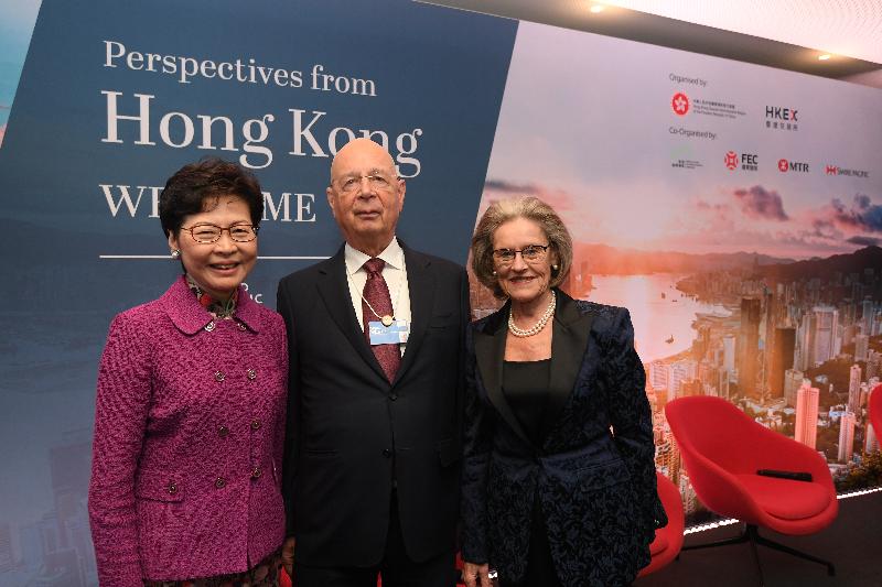 The Chief Executive, Mrs Carrie Lam, continued to attend the World Economic Forum Annual Meeting in Davos, Switzerland, today (January 23, Davos time). Photo shows Mrs Lam (left) with the Founder and Executive Chairman of the World Economic Forum, Professor Klaus Schwab (centre) and Mrs Schwab (right) ; at the Hong Kong Night co-organised by the Hong Kong Special Administrative Region Government, the Hong Kong Exchanges and Clearing Limited, the Airport Authority Hong Kong, the MTR Corporation Limited, the Swire Pacific, and the Far East Consortium International.