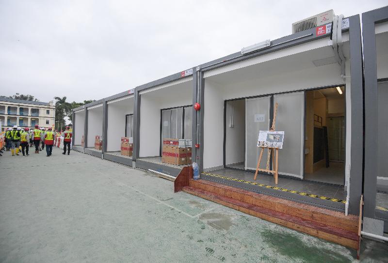 Photo shows the new mobile quarantine units of modular housing built at the existing site of Lei Yue Mun Park and Holiday Village.