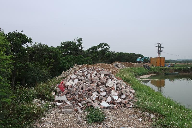 環境保護署人員去年在元朗甩洲一帶發現有人把建築廢物傾倒在漁塘旁。