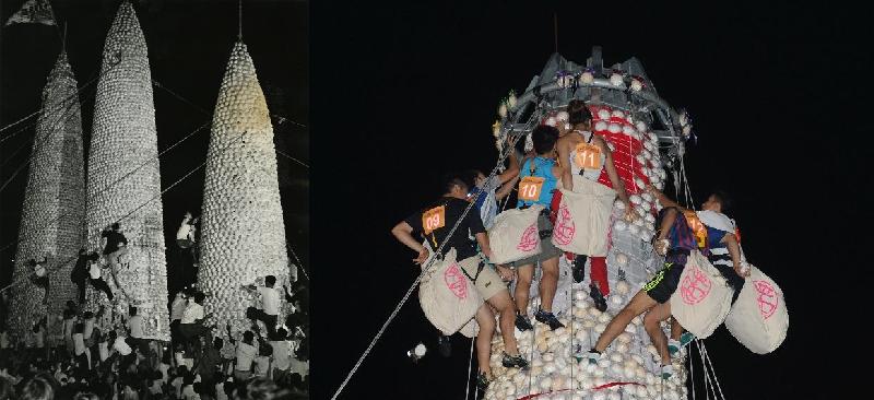 The exhibition "Folk Festivals in Those Days …" by the Public Records Office opens from today (June 12), showcasing festivals celebrated past and present through archival holdings. Photo shows the Bun Scrambling Competition in 1969 (left) and 2012 (right). The Bun Scrambling Competition is the finale of the Cheung Chau Jiao Festival. People believe that scrambling for buns can bring them good luck. The event was interrupted since 1979 owing to safety concerns. When it was revived in 2005, the bun tower was supported by a steel frame. Upon advice from the Hong Kong Mountaineering Union (currently known as China Hong Kong Mountaineering and Climbing Union), the Government has integrated modern climbing techniques with the local tradition, such that the Bun Scrambling Competition can be staged in a safe and orderly manner.
