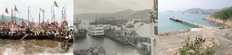 The exhibition "Folk Festivals in Those Days …" by the Public Records Office opens from today (June 12), showcasing festivals celebrated past and present through archival holdings. Photo shows worshippers proceeding to Joss House Bay to celebrate the Tin Hau Festival in 1961 (left) and 1971 (centre). Image on the right shows Joss House Bay on an ordinary day in 2005. After a government field trip to Joss House Bay in 1959 to study the rock inscription, members of the trip suggested construction of a pier to facilitate visits to the temple. Before the Joss House Bay Pier was built, worshippers going to Joss House Bay by ships to celebrate the Tin Hau Festival had to walk onshore through temporary pontoon bridges (left). After construction of the Joss House Bay Pier, people can celebrate the festival in Tai Miu by taking ferries to the pier.