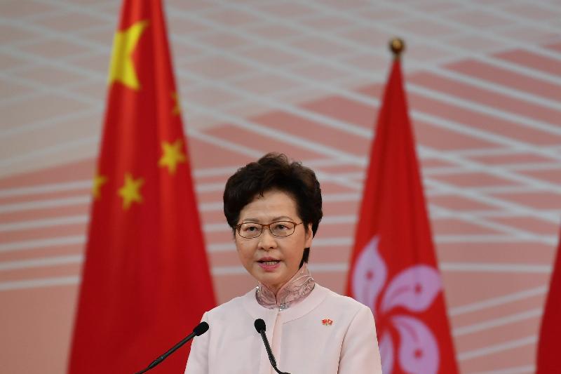 The Chief Executive, Mrs Carrie Lam, together with Principal Officials and guests, attended the reception for the 23rd anniversary of the establishment of the Hong Kong Special Administrative Region at the Hong Kong Convention and Exhibition Centre this morning (July 1). Photo shows Mrs Lam addressing the reception.