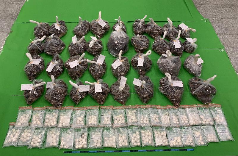 香港海关于六月二十九日在香港国际机场检获约九点五公斤怀疑可卡因，估计市值约一千一百万元。图示检获的怀疑可卡因及用作收藏毒品的树胶。
