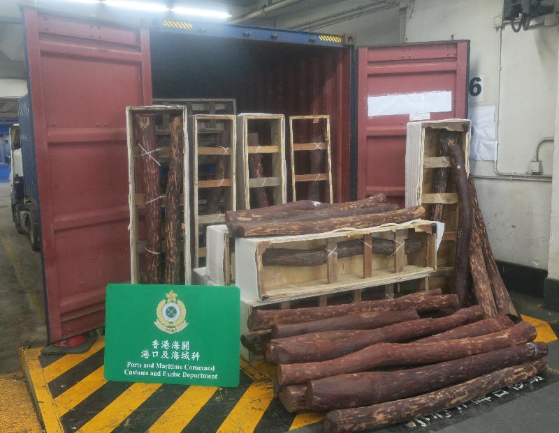 Hong Kong Customs yesterday (August 3) seized about 2 830 kilograms of suspected red sandalwood from a container at the Kwai Chung Customhouse Cargo Examination Compound.  The estimated market value of the seizure was about $1.8 million.