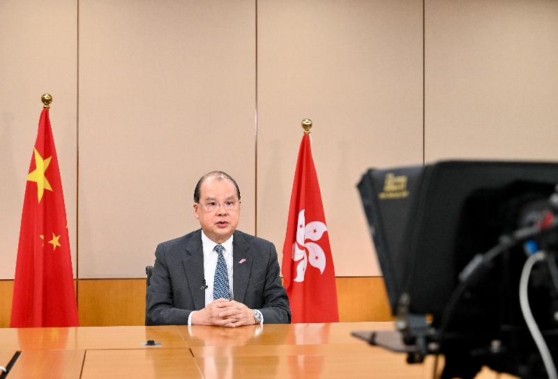 The Chief Secretary for Administration, Mr Matthew Cheung Kin-chung, delivers a video message at the 45th session of the United Nations Human Rights Council held in Geneva, Switzerland today (September 15).  
