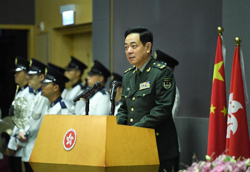 The Hong Kong Special Administrative Region Government and the Chinese People's Liberation Army Hong Kong Garrison (the Hong Kong Garrison) held a ceremony to mark the handover of the Central Military Dock this morning (September 29) at the Central Government Offices. Picture shows the Commander-in-chief of the Hong Kong Garrison, Major General Chen Daoxiang, addressing the ceremony.