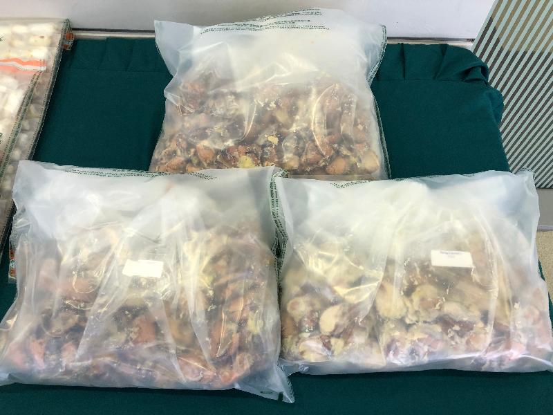香港海关九月三十日在长沙湾检获约十三点七公斤怀疑氯胺酮，估计市值约六百四十万元。图示用作收藏毒品的榴槤核。