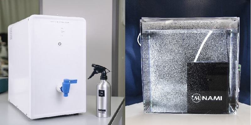 The Centralized Nano Bubble System for Surface Cleaning and Sanitization (left) developed by the Nano and Advanced Materials Institute (NAMI) utilises NAMI's nano bubble generator (right) to split ozone into nano bubbles. Fluid carrying ozone nano bubbles can be used for disinfecting the surface of objects. The Hong Kong Science and Technology Parks Corporation and Fung Kai Care & Attention Home for the Elderly are trial site providers of this project.