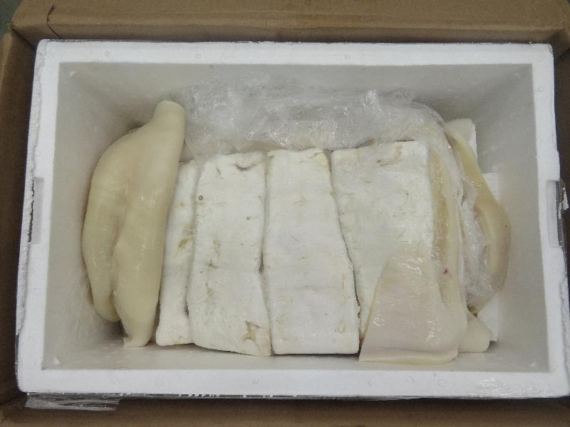 香港海關十月二十七日在香港國際機場檢獲約一百一十四公斤懷疑受管制鮮石首魚魚肚，估計市值約一千八百萬元。圖示檢獲的懷疑受管制鮮石首魚魚肚。