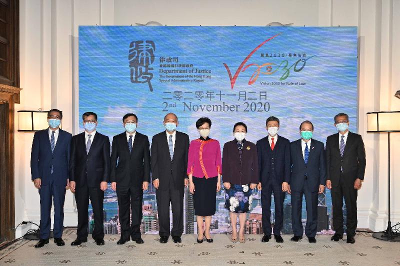 The opening of the Hong Kong Legal Week 2020 was held today (November 2) at the former French Mission Building. Today also marked the opening of the Hong Kong Legal Hub and the official launch of the "Vision 2030 for Rule of Law". Photo shows the officiating guests, the Chief Executive, Mrs Carrie Lam (centre); the Chief Justice of the Court of Final Appeal, Mr Geoffrey Ma Tao-li (fourth left); the Secretary for Justice, Ms Teresa Cheng, SC (fourth right); and the Commissioner of the Independent Commission Against Corruption, Mr Simon Peh (third right), pictured at the ceremony with the Deputy Director of the Liaison Office of the Central People's Government (CPG) in the Hong Kong Special Administrative Region (HKSAR), Mr He Jing (third left); Deputy Head of the Office for Safeguarding National Security of the CPG in the HKSAR, Mr Li Jiangzhou (second left); Deputy Commissioner of the Office of the Commissioner of the Ministry of Foreign Affairs of the People's Republic of China in the HKSAR, Mr Zhao Jiankai (first left); the Chief Secretary for Administration, Mr Matthew Cheung Kin-chung (second right); and the Financial Secretary, Mr Paul Chan (first right).



