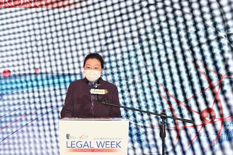 The opening of the Hong Kong Legal Week 2020 was held today (November 2) at the former French Mission Building. Today also marked the opening of the Hong Kong Legal Hub and the official launch of the "Vision 2030 for Rule of Law". Photo shows the Secretary for Justice, Ms Teresa Cheng, SC, speaking at the opening ceremony.