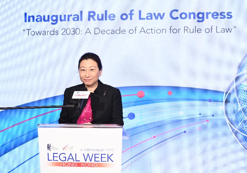 The Secretary for Justice, Ms Teresa Cheng, SC, speaks at the opening session of the Inaugural Rule of Law Congress under the Hong Kong Legal Week 2020 today (November 3).