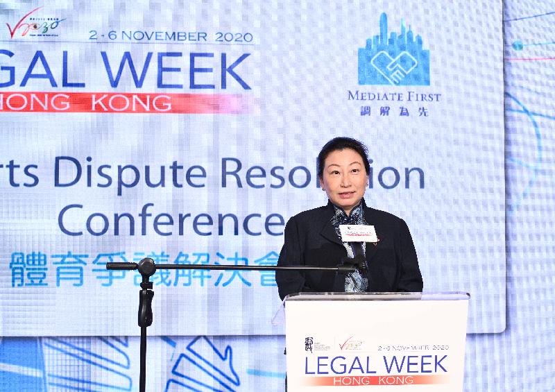 The Secretary for Justice, Ms Teresa Cheng, SC, delivers a keynote speech at the Sports Dispute Resolution Conference under the Hong Kong Legal Week 2020 today (November 5).