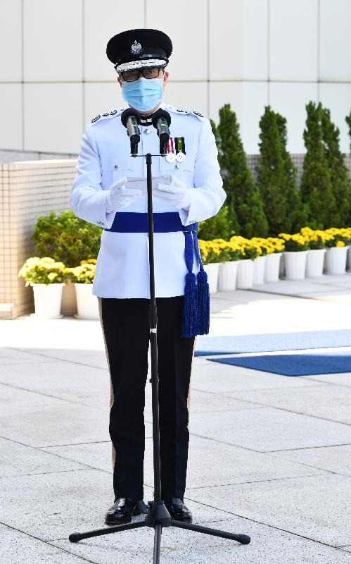 The Hong Kong Police Force holds a ceremony at the Police Headquarters this morning (November 6) to pay tribute to members of the Hong Kong Police Force and Hong Kong Auxiliary Police Force who have given their lives in the line of duty. Photo shows the Commissioner of Police, Mr Tang Ping-keung, giving a speech at the ceremony.