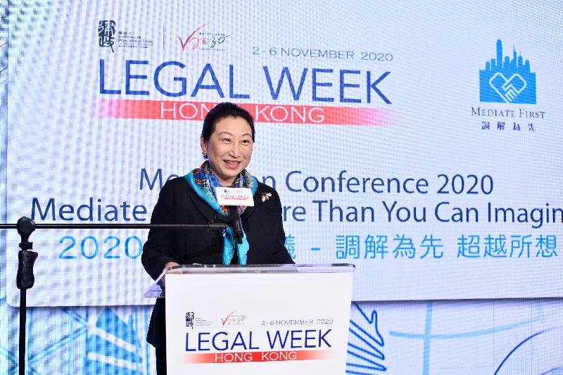 The Secretary for Justice, Ms Teresa Cheng, SC, speaks at the Closing Session of Hong Kong Legal Week 2020 today (November 6).