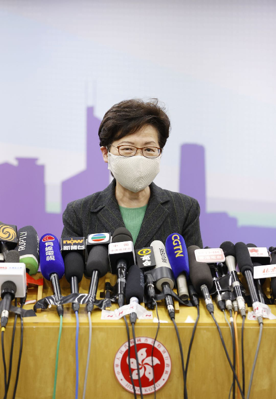 The Chief Executive, Mrs Carrie Lam, meets the media in Beijing today (November 6).