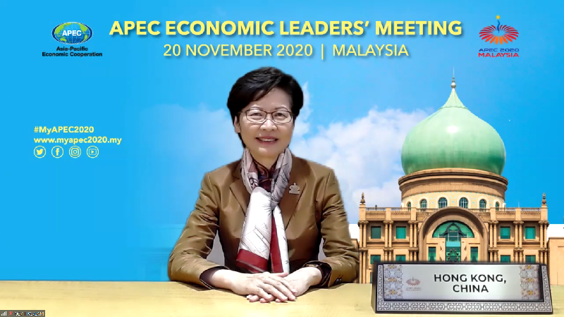 The Chief Executive, Mrs Carrie Lam, attends the Asia-Pacific Economic Cooperation 2020 Economic Leaders' Meeting via video conferencing tonight (November 20).