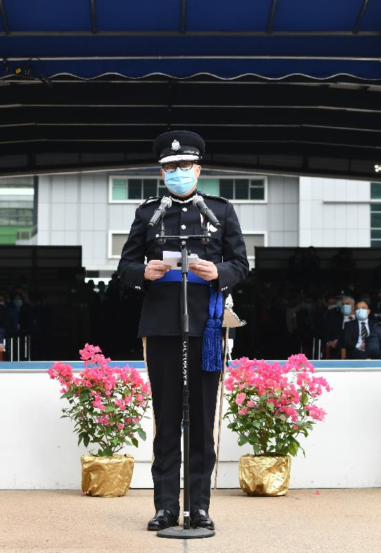 The Commissioner of Police, Mr Tang Ping-keung, speaks at the passing-out parade at the Hong Kong Police College today (November 21).