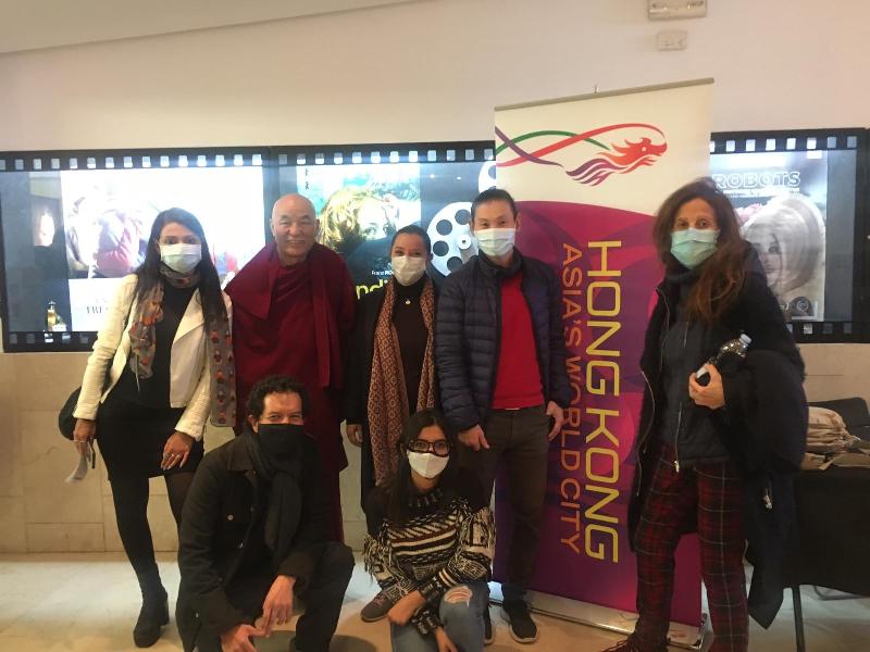 The Director of the Asian Film Festival Barcelona, Mrs Menene Gras (first right) is pictured with festival goers before the screening of Hong Kong films on December 6 (Barcelona time).