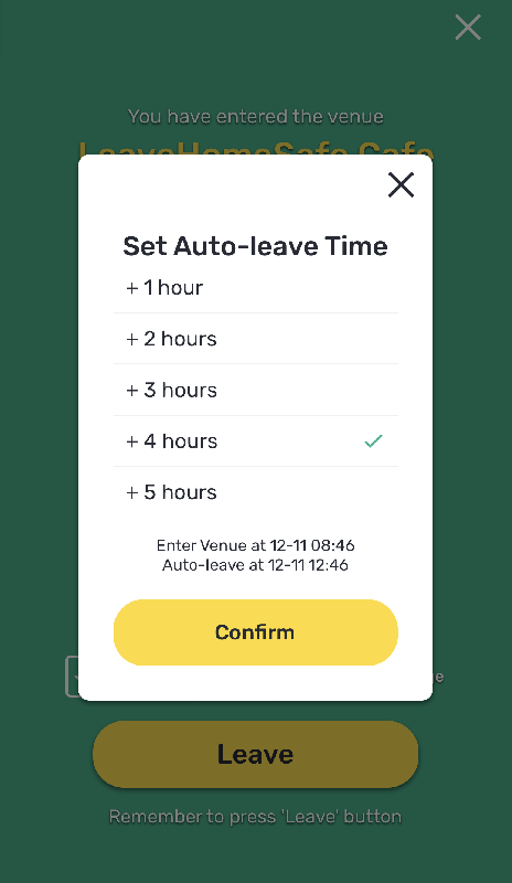 The "LeaveHomeSafe" mobile app has been updated today (December 11) with new functions. The user can choose the new auto check-out function to check out of a venue automatically at a pre-set time.