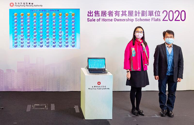 The Chairman of the Subsidised Housing Committee of the Hong Kong Housing Authority (HA), Ms Cleresa Wong (left), accompanied by the Assistant Director (Housing Subsidies), Mr Kenneth Leung, officiates at the electronic ballot drawing ceremony today (December 15) for the Sale of Home Ownership Scheme Flats 2020. The ballot results will determine the applicants' priority sequence based on the last two digits of their application numbers.
