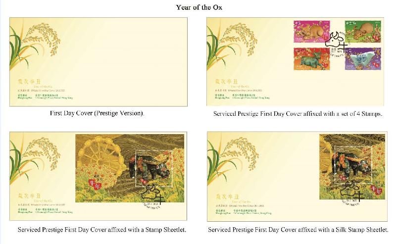 Hongkong Post will launch a special stamp issue and associated philatelic products with the theme "Year of the Ox" on January 28 (Thursday). Photo shows the prestige first day covers.
