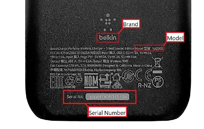 The Electrical and Mechanical Services Department today (January 25) urged the public to stop using one model of Belkin charger with the model number WIZ003. Picture shows the accompanying battery and the product marking.