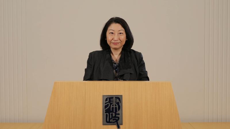 The Department of Justice today (February 10) held the "Rule of Law through Drama" 2021 online premiere. Photo shows the Secretary for Justice, Ms Teresa Cheng, SC, delivering a speech at the premiere.
