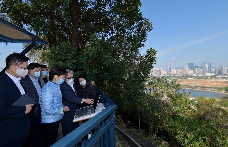The Chief Executive, Mrs Carrie Lam, this morning (February 13) visited Lok Ma Chau. Photo shows Mrs Lam (fourth left) inspecting the progress of various works and projects of the Lok Ma Chau Loop. Looking on are the Secretary for Security, Mr John Lee (second left) and the Secretary for Innovation and Technology, Mr Alfred Sit (first left).