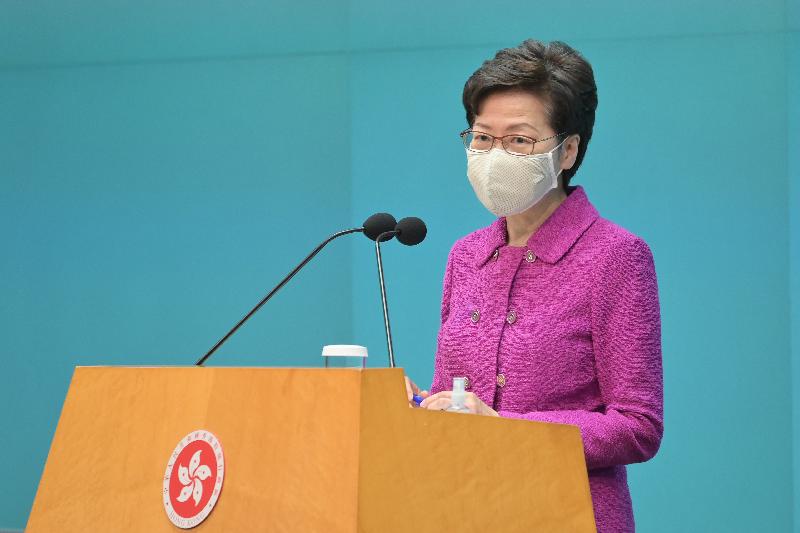 The Chief Executive, Mrs Carrie Lam, meets the media at the Central Government Offices, Tamar, today (March 8).