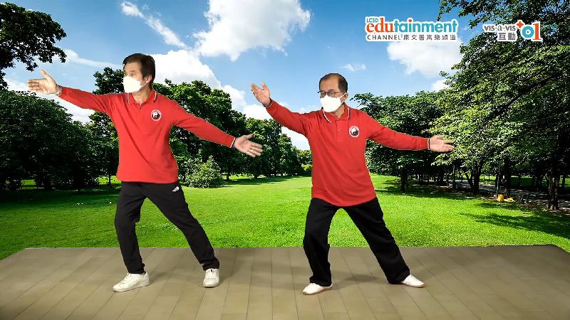 The Online Interactive Sports Training Programmes organised by the Leisure and Cultural Services Department are conducted by coaches through an online platform in real time. Photo shows coaches demonstrating tai chi.