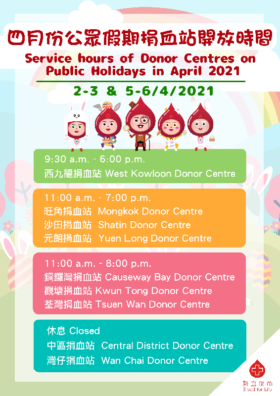 The Hong Kong Red Cross Blood Transfusion Service appeals to the public today (April 1) to donate blood during the Easter and Ching Ming Festival holidays to ensure a stable blood supply. Picture shows the service hours of donor centres during the holidays.

