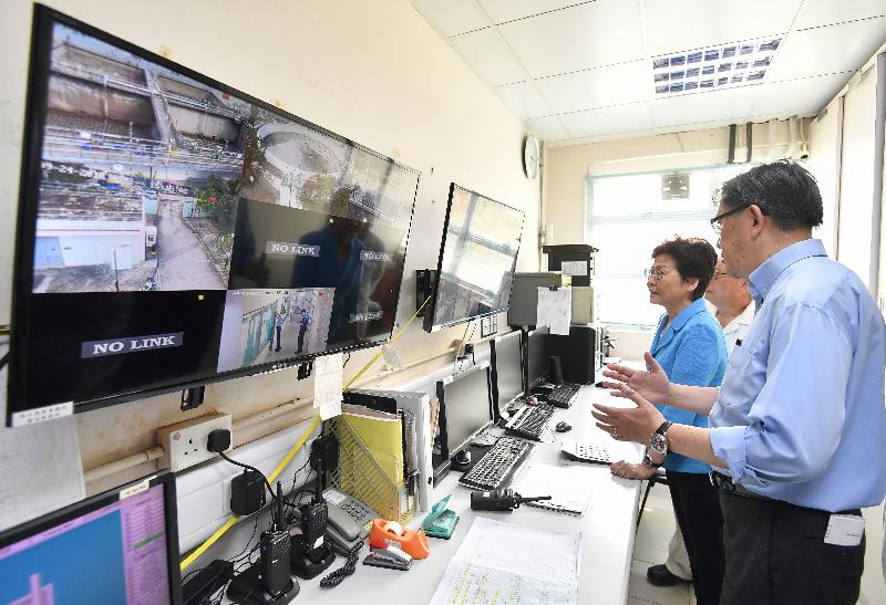 The Chief Executive, Mrs Carrie Lam (left), accompanied by the Director of Drainage Services, Mr Edwin Tong (right), this afternoon (September 24) inspects the Sai Kung Sewage Treatment Works which were seriously damaged by the typhoon.