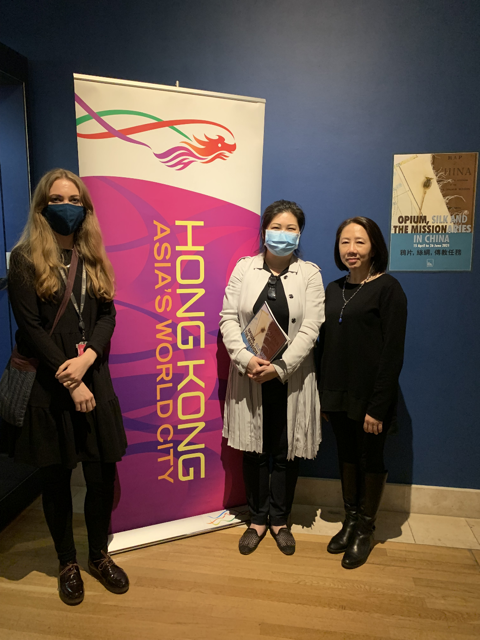 The Hong Kong Economic and Trade Office, London (London ETO) is supporting an exhibition entitled "Opium, Silk and the Missionaries in China" curated by Ms Iris Yau from Hong Kong. Photo shows (from left) the Collections & Outreach Officer of the Brunei Gallery of SOAS University of London, Ms Lucy Kauser; Ms Yau; and the Director-General of the London ETO, Miss Winky So, at the exhibition.