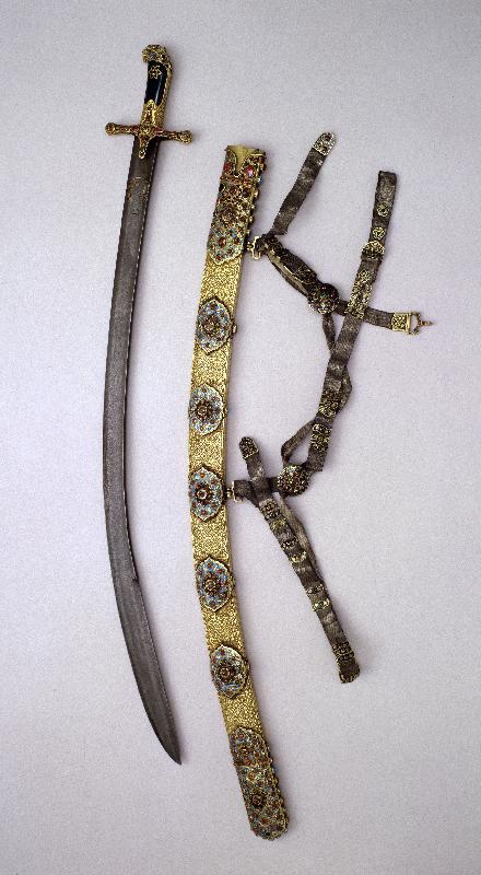 The opening ceremony for the exhibition "Tsar of All Russia. Holiness and Splendour of Power" was held today (May 28) at the Hong Kong Heritage Museum. Picture shows a sabre, a scabbard and a baldric decorated with jewels. 