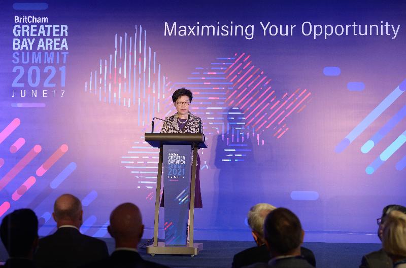 The Chief Executive, Mrs Carrie Lam, speaks at the British Chamber of Commerce in Hong Kong Greater Bay Area Summit today (June 17).
