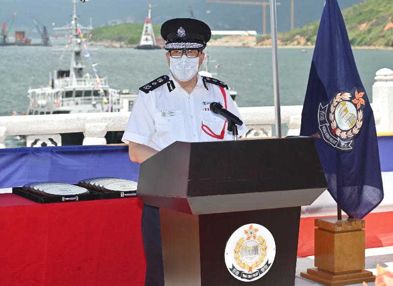 Police Marine Region introduced 11 new vessels during a ceremony held at Joss House Bay, Sai Kung today (June 18). Photo shows the Commissioner of Police, Mr Tang Ping-keung, delivering a speech at the commissioning ceremony.