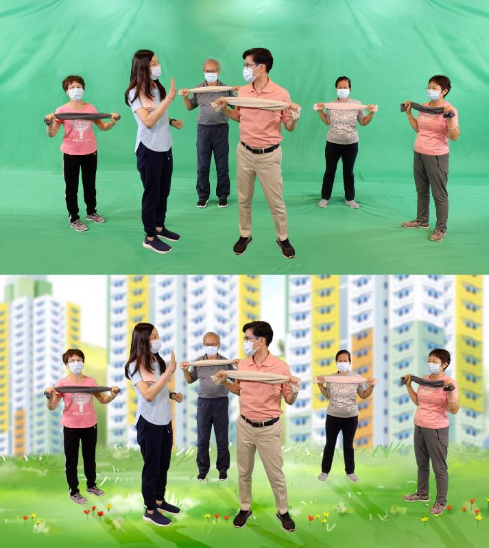 The Hong Kong Housing Authority has co-operated with the Department of Health to promote a series of exercise videos for elderly public housing tenants, enabling them to follow the videos and exercise at home at any convenient time. Interesting computer graphics were used to produce the "Healthy Ageing in PRH Estates x Stay Active at Home" promotional video for the series and share the message of "You can stay active at home". Picture shows the Deputy Director of Housing (Estate Management), Mr Ricky Yeung (third right), and the Assistant Director of Health (Elderly Health), Dr Anne Fung (second left), taking part in the shooting of the "Healthy Ageing in PRH Estates x Stay Active at Home" promotional video for the series.