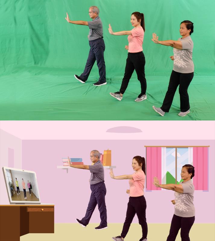 The Hong Kong Housing Authority has co-operated with the Department of Health (DH) to promote a series of exercise videos for elderly public housing tenants, enabling them to follow the videos and exercise at home at any convenient time. Picture shows a physiotherapist from the DH (centre) performing in the "Healthy Ageing in PRH Estates x Stay Active at Home" promotional video for the series as a younger family member exercising with two elderly persons by following a video.